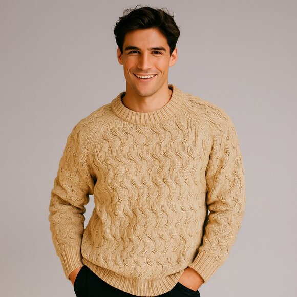 Dip XL Beige Cable Knit Fisherman Sweater Classic Preppy Cozy Old Money Style - Picture 1 of 7